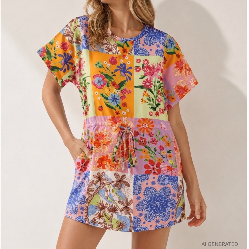 NWOT ALDEN ADAIR Multicolor Floral Patchwork Beachy Preppy Resort Mini Dress XS